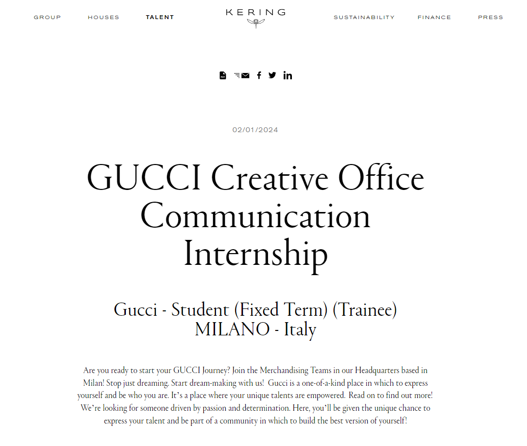 GUCCI post one of the Fashion Internships In Milan