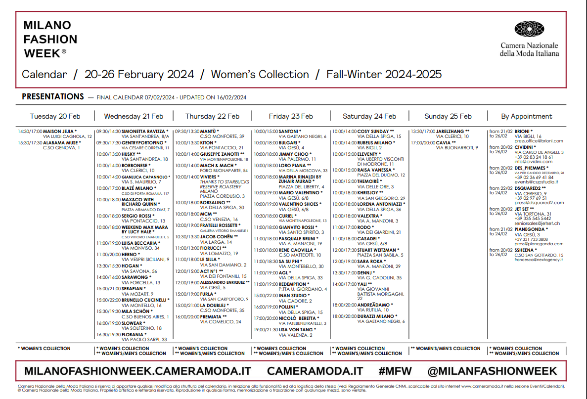 schedule of Milano Fashion Week