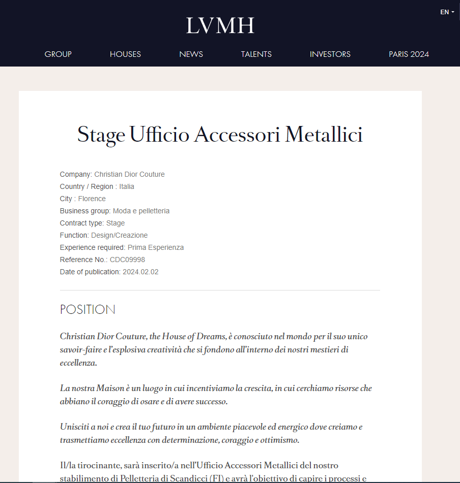 LVMH posting of offering one of the Fashion Internships In Milan