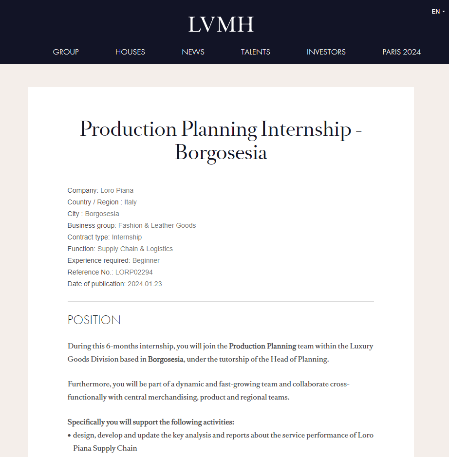 LVMH production planning posting of offering one of the Fashion Internships In Milan