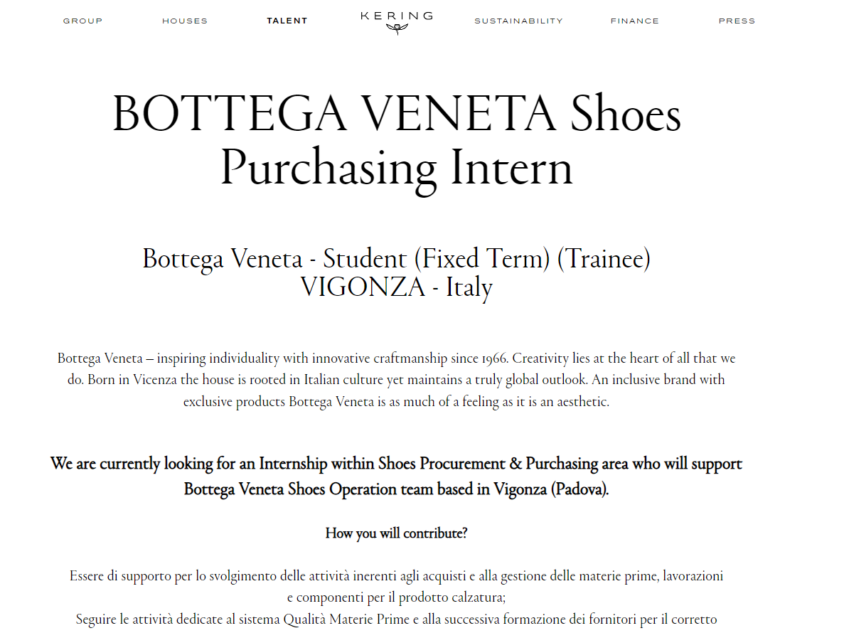 Bottega Veneta offering one of the Fashion Internships In Milan